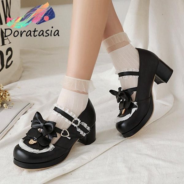 

lolita cosplay women solid buckle strap platform marry janes shoes butterfly knot dress pumps, Black