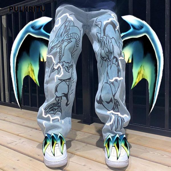 

women's jeans pulkritu woman fashion cartoon printing mid waist with pocket female loose casual pants high street trousers, Blue