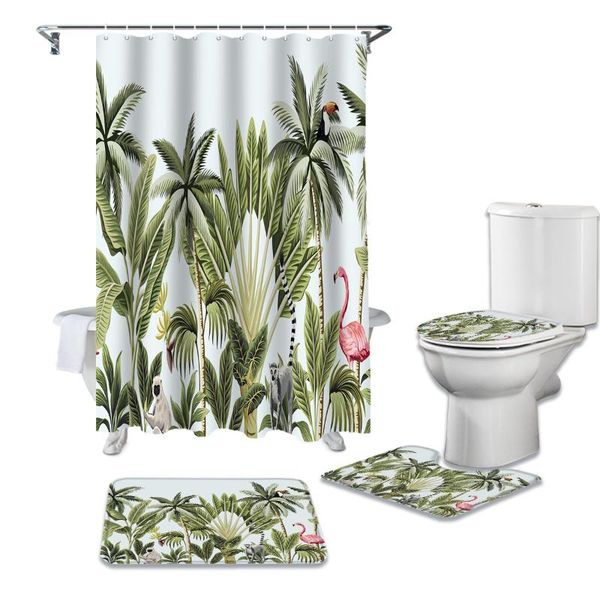

shower curtains tropical plant animal flamingo palm tree green bathroom curtain toilet cover mat rug set for bathtub decor