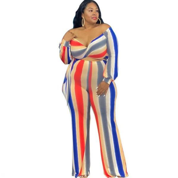 

plus size tracksuits two piece set women outfits 5xl v neck crop fashion off shoulder casual colorful striped wide leg pant suits, Black