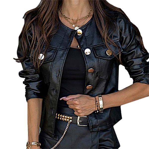 Frauen PU-Lederjacken Frühling Herbst Kunstledermäntel Damen Motor Biker Button Slim Jacken Grundlegende schwarze Kurzmäntel D30 211112