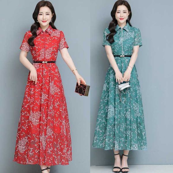 

summer arrival bohemian style single-breasted turn down collar flower printed short sleeve chiffon casual dress 210531, Black;gray