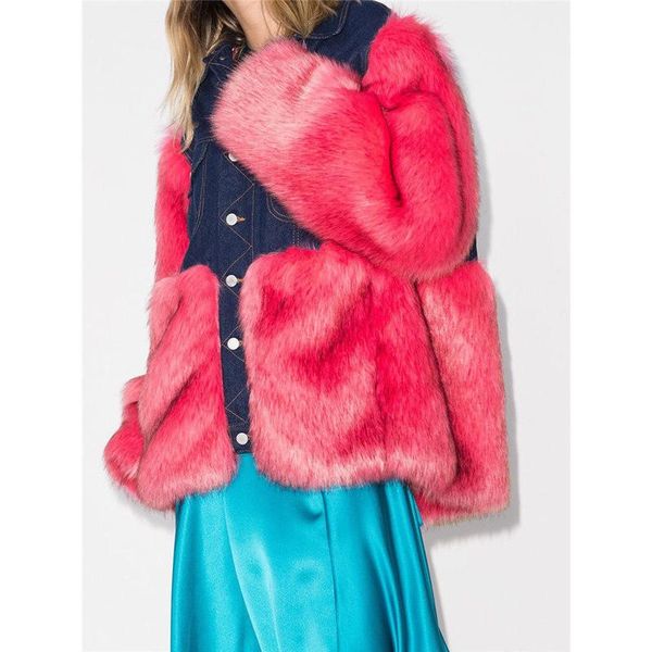 

11.11 winter faux denim contrast color patchwork jacket coat women fashion luxury keep warm fur outerwear women's jackets, Black;brown