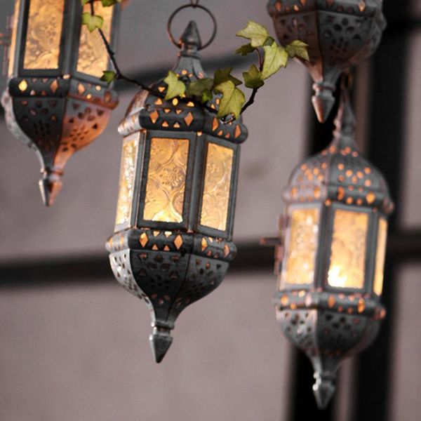 

candle holders retro metal wrought iron glass wind light holder hanging lantern moroccan candlestick home outdoors wedding party decor