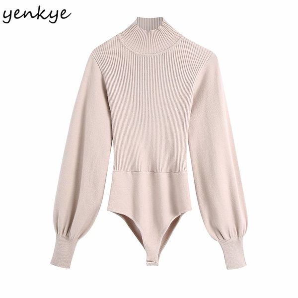 

backless knit bodysuit women vintage solid turtleneck lantern sleeve slim body femme fashion playsuit 210430, Black;white