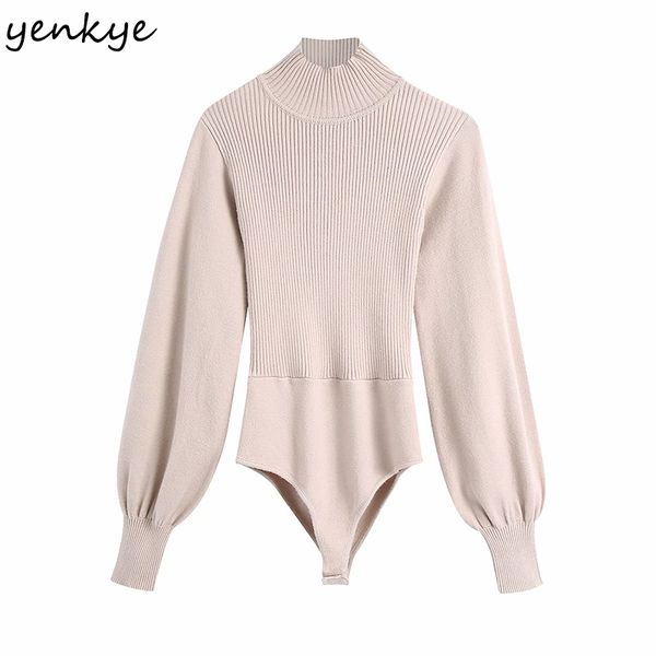 Sexy Backless Knit Bodysuit Mulheres Vintage Turtleneck Lanterna Sleeve Slim Corpo Feminino Fashion Tops Playsuit 210430