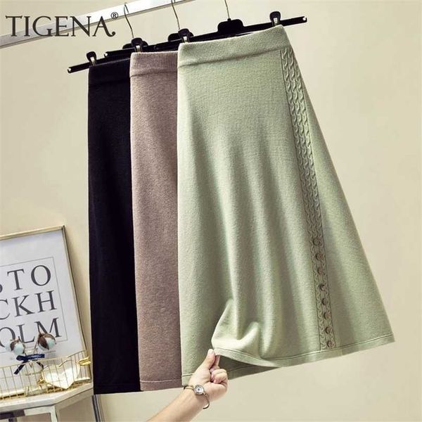 

tigena autumn winter women midi long skirt casual solid warm a line high waist knitted female with button ladies 211109, Black