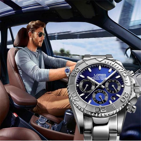 

wristwatches loreo mechanical watch men multifunctional diving 200m steel shell blue disk man business automatic self-wind clock male watche, Slivery;brown