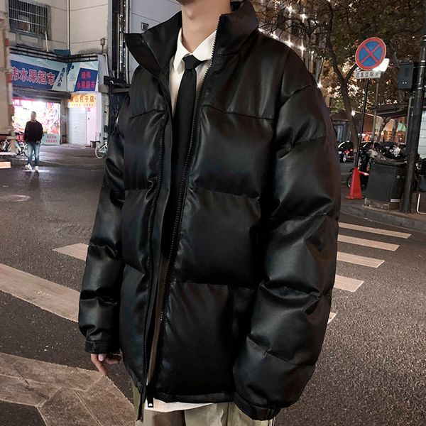 

Men's Down & Parkas jackets brand winter thickened bread jacket Korean fashion student PU skin Cotton padded A18X, Black