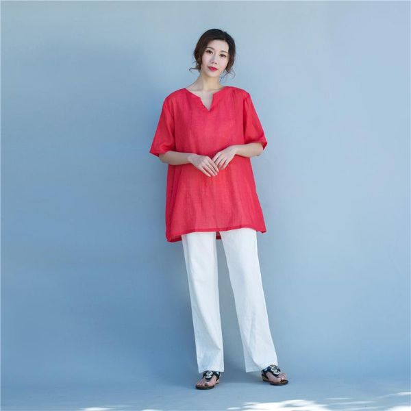 

women's casual loose fit fine cotton chinese style t-shirt, White