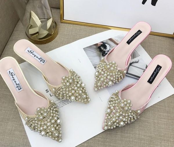

women sandals half-slippers with pearl sweet stiletto high heels pointed toe fashion slides baotou silks satins ladies shoes slippers, Black