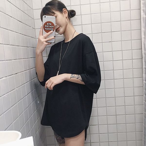 

factorygwil 100% cotton short sleeve solid tshirt pure casual o-neck loose long t-shirt plus size women summer t shirt for, White;black