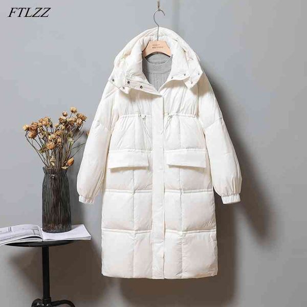 

winter 90% white duck down coat casual women hood thick warm loose long jacket stand collar zipper outwear 210423, Black