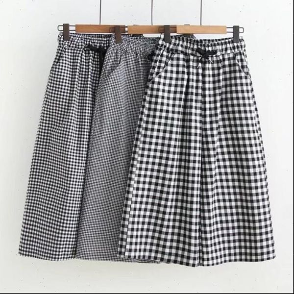 

black and white plaid womens shorts wide leg summer high waisted cotton lace up loose, White;black
