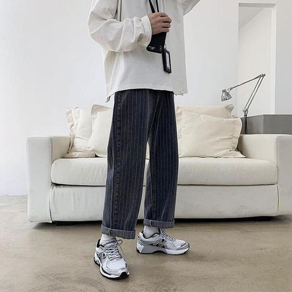 

men's jeans style spring retro korean fashion youth straight versatile loose striped wide leg pants, Blue