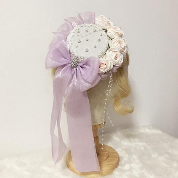 

stingy brim hats sweet lolita pearl beaded mini lace hat with rose flower ribbon bowknot kawaii headdress cosplay hair accessories, Blue;gray