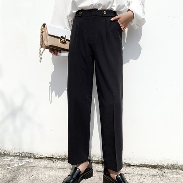 

plus size straight suit pants women ol style spring fall work wear formal capris casual high waist trousers 210421, Black;white