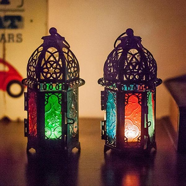 Portacandele Portacandele in stile marocchino Portacandele votivo in ferro battuto Decorazione per la casa Lanterna in vetro Fi S5w3
