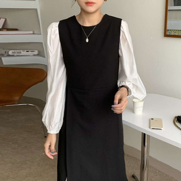 

casual dresses dress women clothesspring hepburn round neck long sleeve shirt + back lace up waist split 9npo, Black;gray