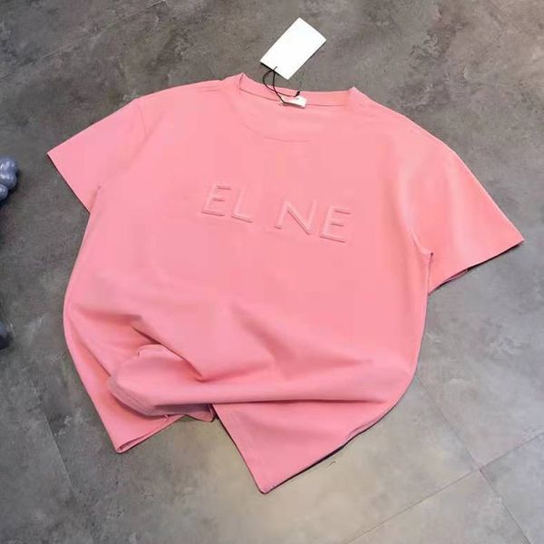 

cel + three dimensional steel seal concave convex letter pink round neck simple loose short sleeve t-shirt female, White