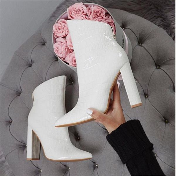 

boots 2021 luxury design women 11.5cm high heels fetish leather block white ankle serpentine chunky quality shoes, Black