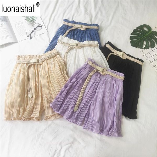 

women's shorts chiffon women high waist short beach style lace up ruched lady summer, White;black