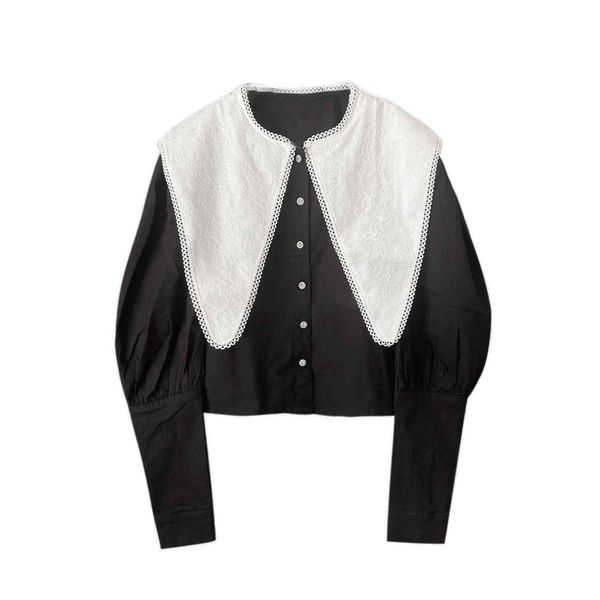 

spring autumn new peter pan collar full short black slim shirt bottoming single 210421, White