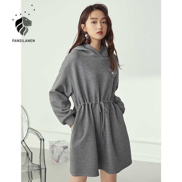 Fansilanen Kapüşonlu Rahat Kısa Kazak Elbise Kadın Streetwear Bandaj Vitnage Sonbahar Kış Gri Sevimli Pamuk Seksi 210607