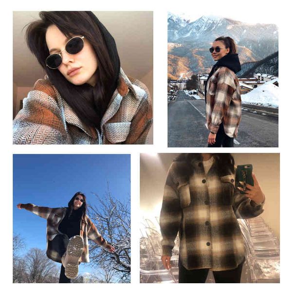

vintage women long sleeve woolen coats fashion ladies thick plaid coat female streetwear elegant girls oversize jacket chic 201015, Black;brown