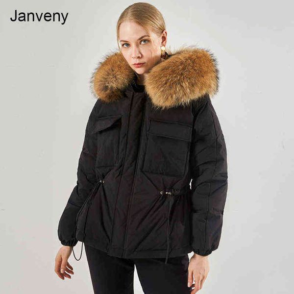 

janveny luxury big real raccoon fur hooded waterproof winter down jacket women 90% duck down puffer coat female short parka 211221, Black