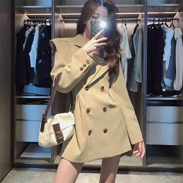 

autumn winter women casual double breasted blazers coat with shoulder pads female fashion french office lady work outwears 210517, White;black