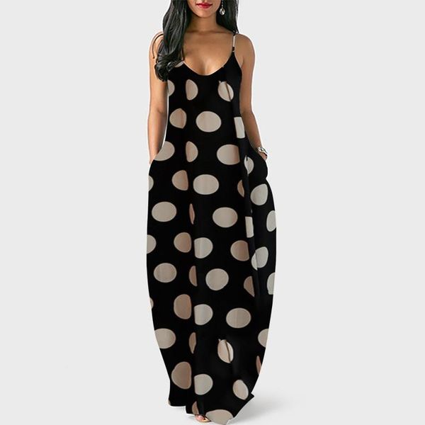 

casual dresses summer dress 2021 women sling sleeveless v neck maxi long loose bohemian dot printed vestidos plus size robe, Black;gray