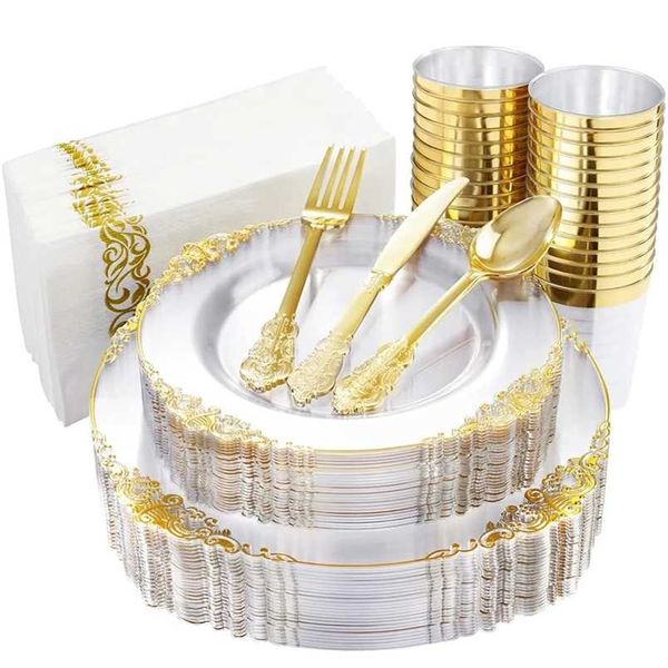 60 Stück Einweggeschirr Transparente goldene Kunststoffschale mit Einweg-Besteckgläsern Geburtstag Hochzeit Party Supplies 211216