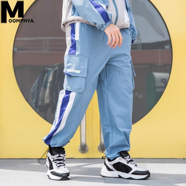 

moomphya 2021 pockets cargo pants men casual splicing side stripes tactical trousers harajuku streetwear mens fashion men's, Black