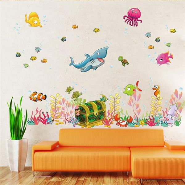 Sea Deep World Fish Animais Adesivos de Parede Quarto Decorações Dos Desenhos Animados Mural Art Zoológico Crianças Decalques Home Decalques 1307. 4.0 210420