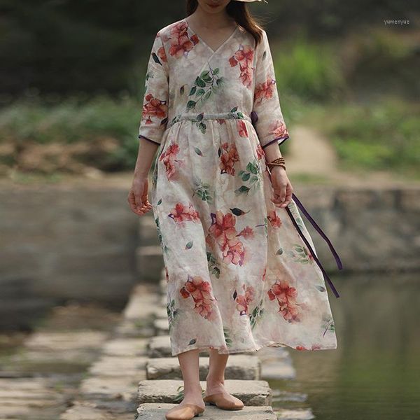 

casual dresses fairynatural ladies retro print floral bandage ramie v-neck seven sleeve women robes 2021 summer, Black;gray