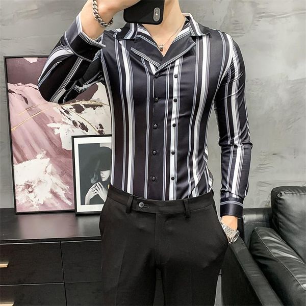 

double breast black white striped summer trendy clothes korean fashion dress shirts stylish suit collar 2021 shirt blende fitted men's, White;black