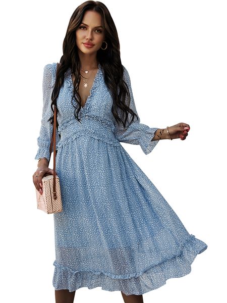 Summer Women Beach Bohemian Dresses Ruffles Print Sexy scollo a V in chiffon con maniche lunghe