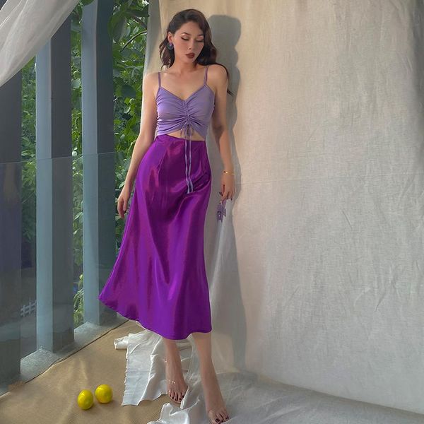 

skirts 2021 purple high waist satin drape mid-calf long for women elastic a-line acetate womens, Black