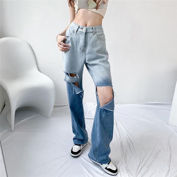 

women's jeans fashion ripped for women panelled tassel full length straight vintage streetwear denim joggers pants high waisted 2021, Blue
