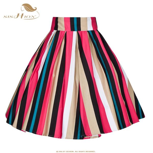 

skirts sishion plus size striped women skirt vd1533 a line high waist cotton ladies swing vintage womens falda mujer, Black