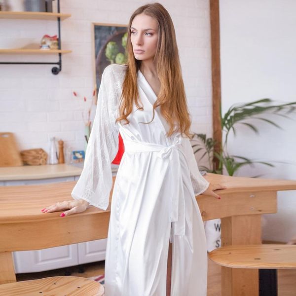 

women's sleepwear restve white women robes with sashes long sleeve mesh lace patchwork bathrobe female casual home robe summer, Black;red