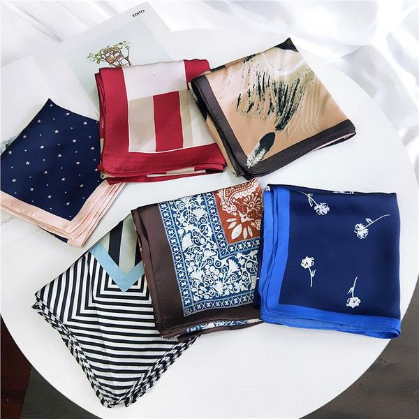 

scarves women square scarf 70*70cm four season white feather print chiffon silk office lady headbands bandana, Blue;gray