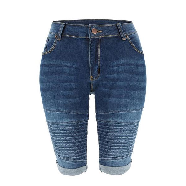 

denim bermuda shorts middle womens jean rise elastic knee length modern summer curvy stretch moto short jeans pants, Blue
