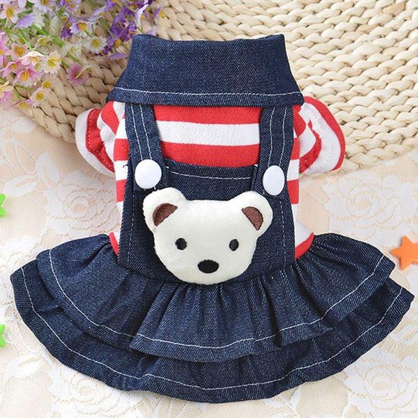 

dog apparel denim dress striped bib winter autumn cowboy clothes for pet
