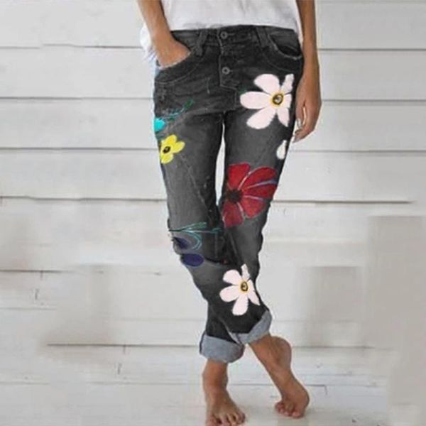 

women's jeans women flower printing slim jean full length pant fashion denim casual suitable for all seasons, Blue