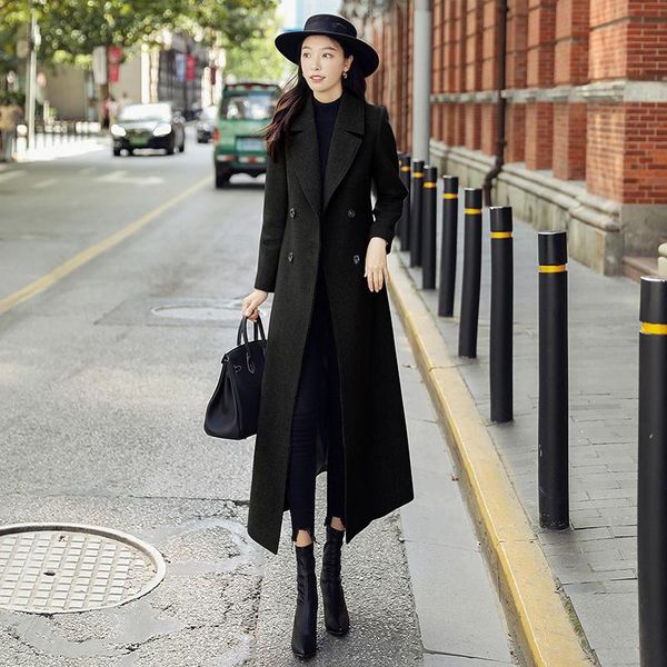 

women's wool & blends 2021 autumn and winter black long coat super slim temperament over knee hepburn style