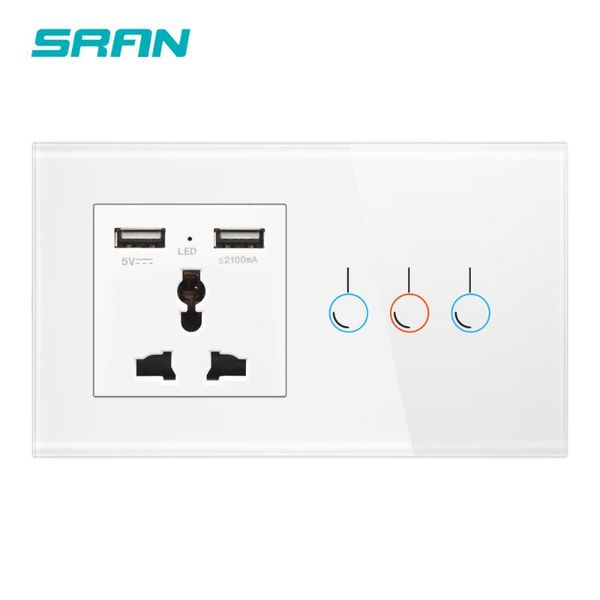 

smart home control sran wall outlet with usb, touch switch 2 gang 1 way crystal tempered glass panel 146*86mm household universal socket 5v