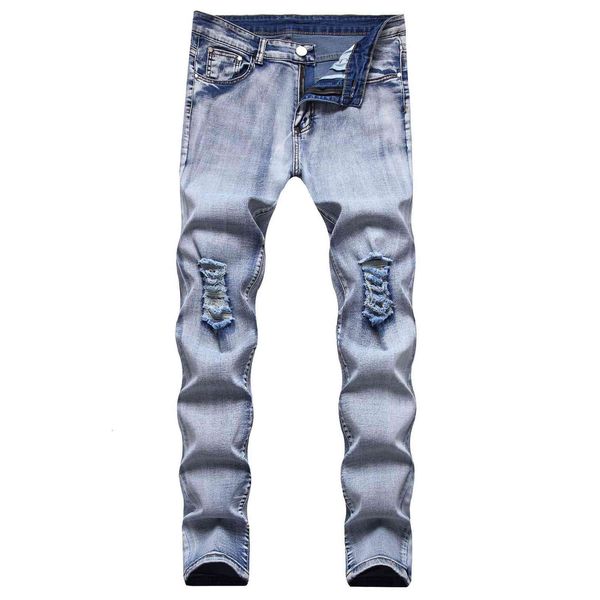 

men's jeans mens big hole knee elasticity blue ripped pleated straight-leg pants vintage washed fashion wear 5o9q