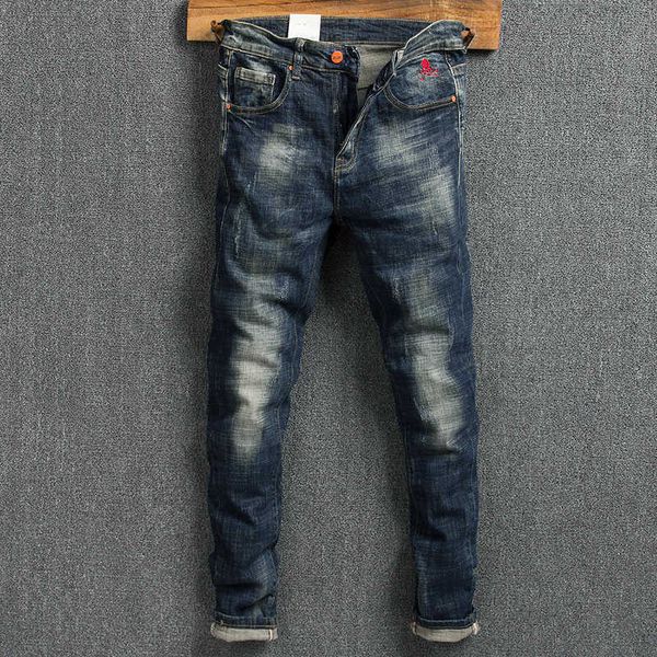 

men's jeans newly korean style fashion retro blue elastic slim fit ripped vintage skull embroidery designer denim pants utxp